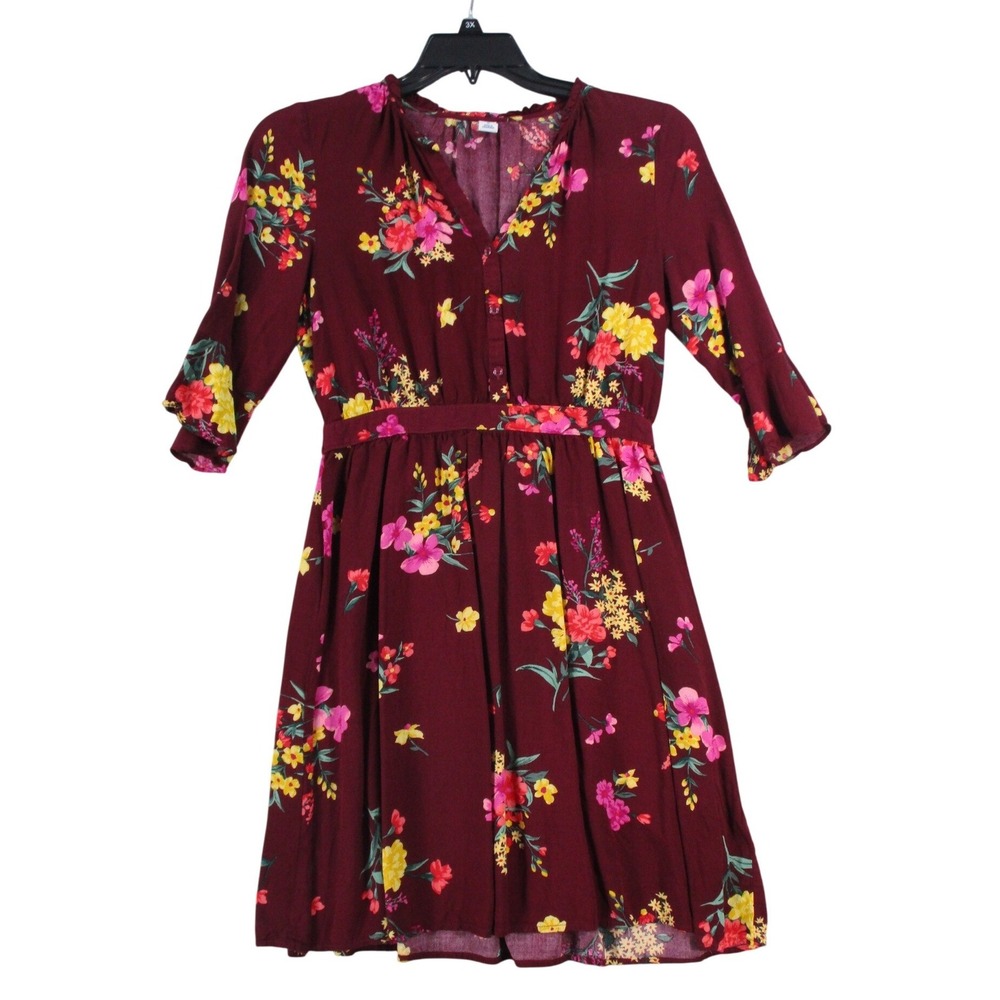 Old Navy Womens‎ Burgundy Floral V-Neck Fit & Flare Mini Dress Maroon Medium